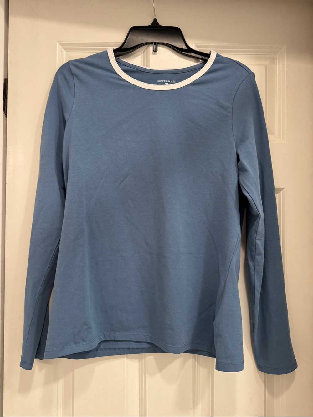 Draper James x Lands End Blue Long-Sleeve Crewneck with White Trim; minimalist